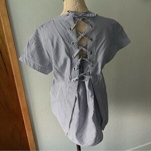 SACAI sz 2 S Striped Shirt Lace Up Back Woven Blouse Short Sleeve White …